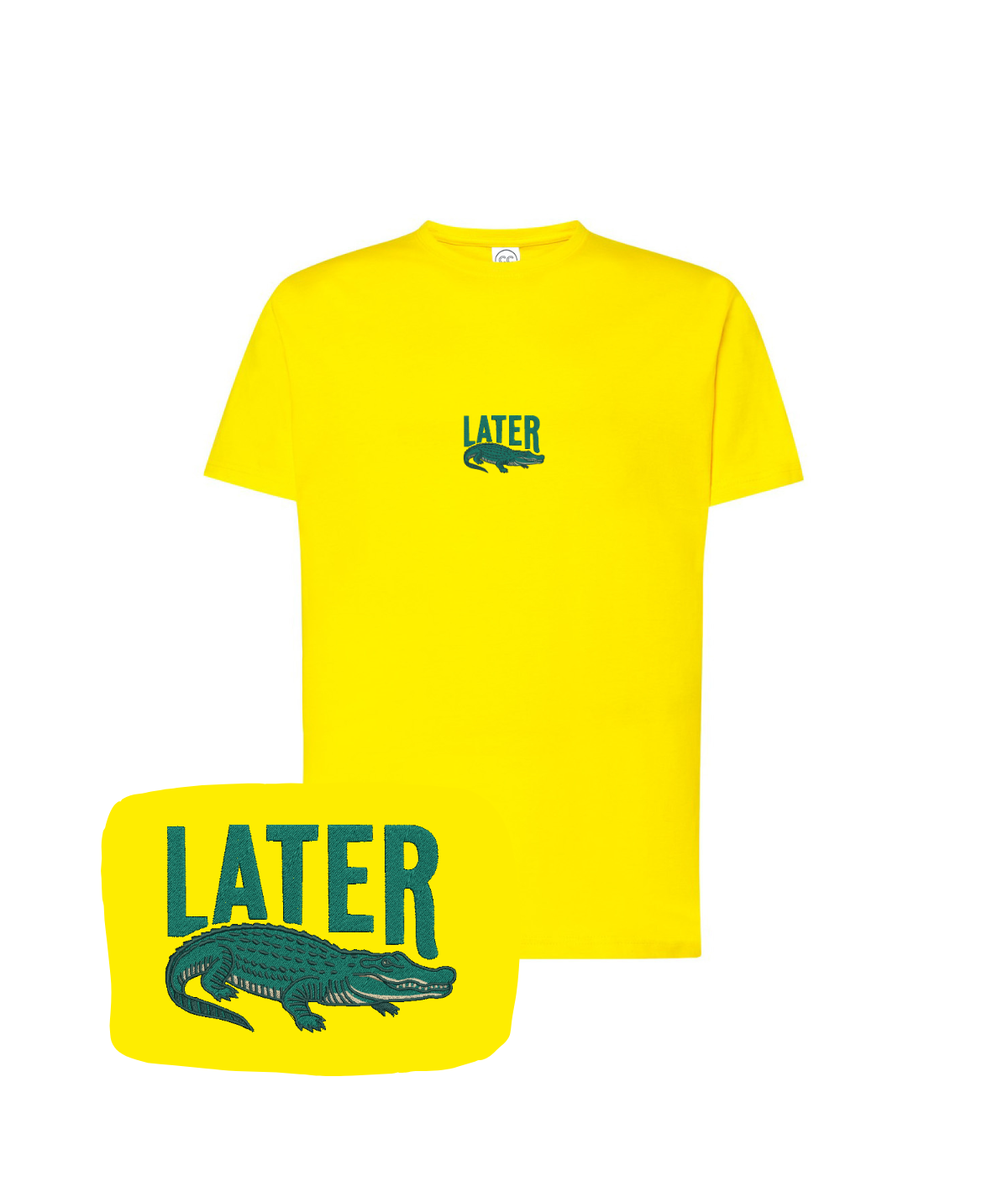 Yellow T-shirt with "Later" embroidery and alligator graphic by CustomClothes.pl shown on a flat lay.