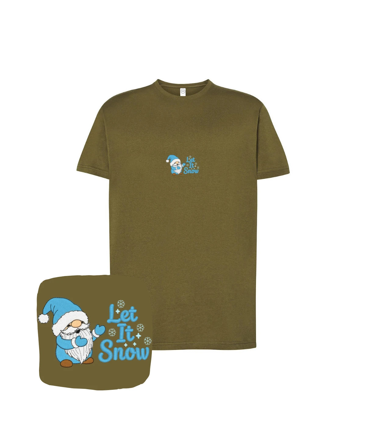Beżowa koszulka z haftem Let It Snow i goblinem - styl na zimowy czas z haftem komputerowym
