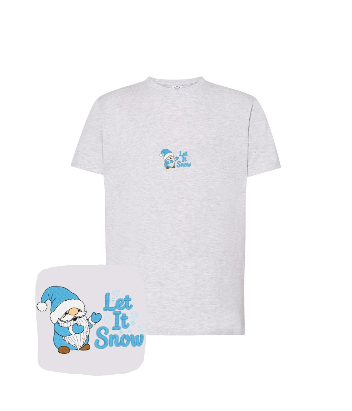 Biała koszulka z haftem Let It Snow z goblinem - idealna na prezent świąteczny, haft komputerowy