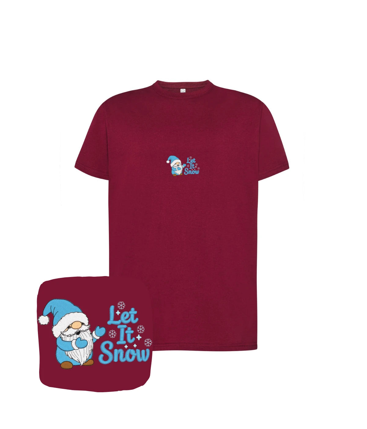 Bordowa koszulka z haftem Let It Snow i goblinem - idealny prezent dla niej na mroźne dni z haftem