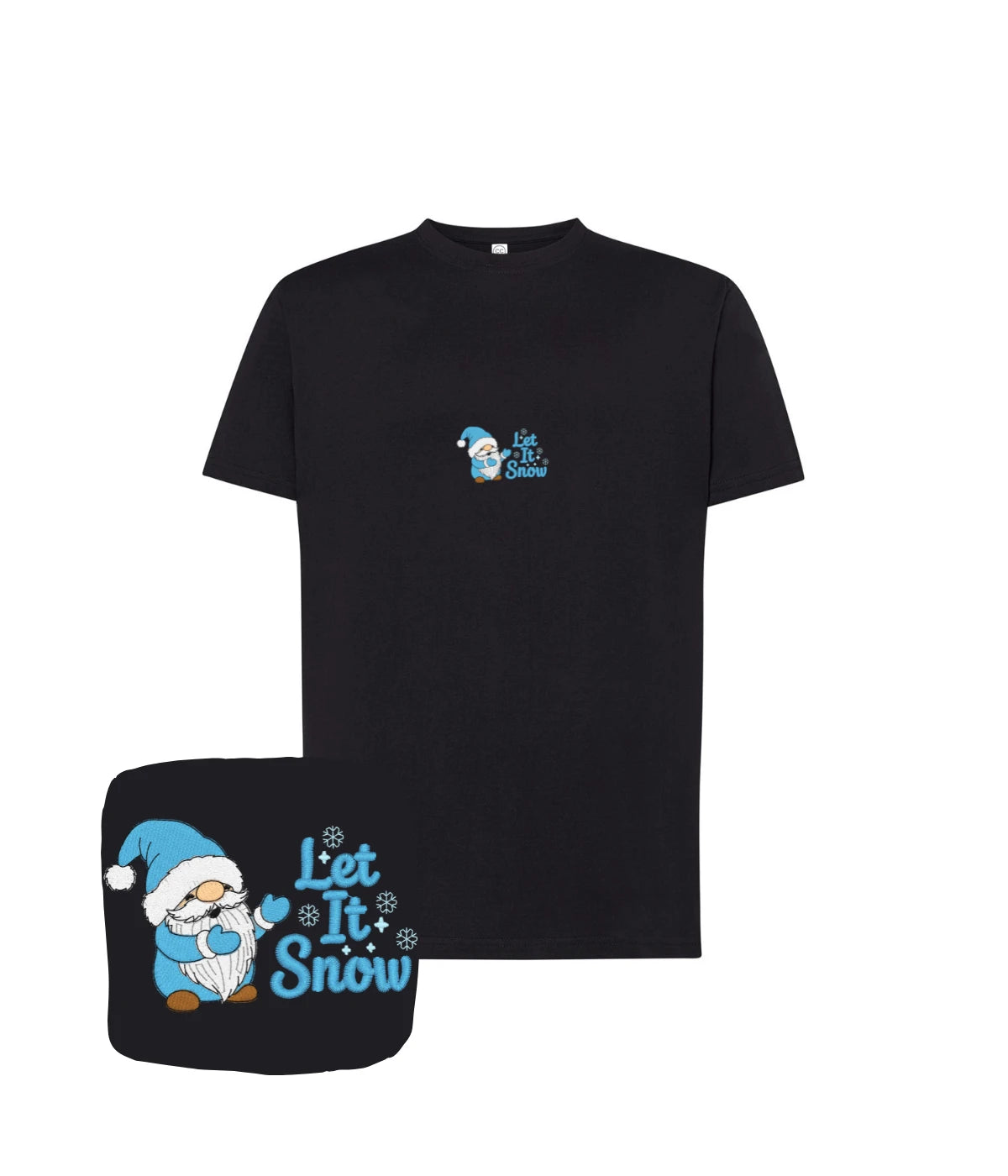 Czarna koszulka z haftem Let It Snow z goblinem - połączenie zimowego humoru z haftem komputerowym