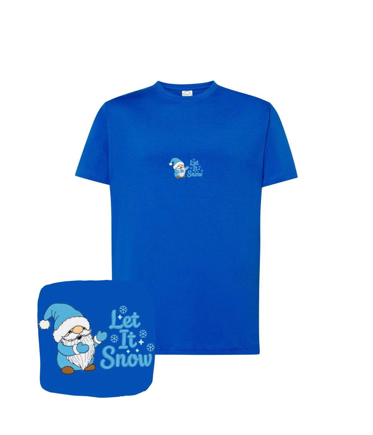 Granatowa koszulka z haftem Let It Snow z goblinem - doskonała na zimę, haft komputerowy w humorze