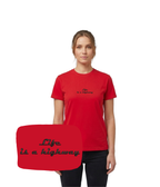 Red T-shirt with embroidered "Life is a highway" text from CustomClothes.pl, featuring a casual fit and detailed embroidery.