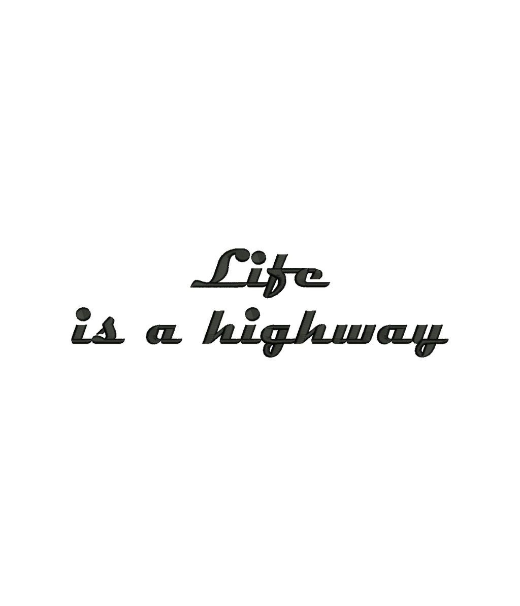Black t-shirt with embroidered "Life is a highway" text from CustomClothes.pl, featuring detailed embroidery on the front.