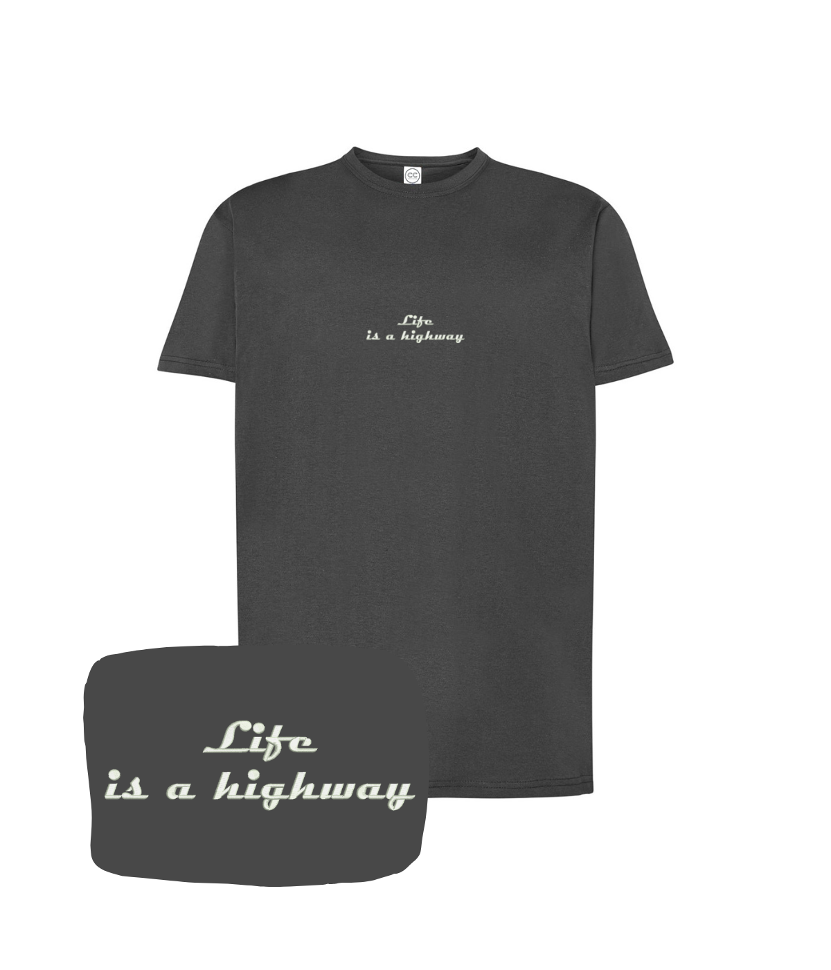 Grafitowa koszulka z haftem napisu "Life is a highway" od CustomClothes.pl, casual t-shirt z unikalnym wzorem napisów.