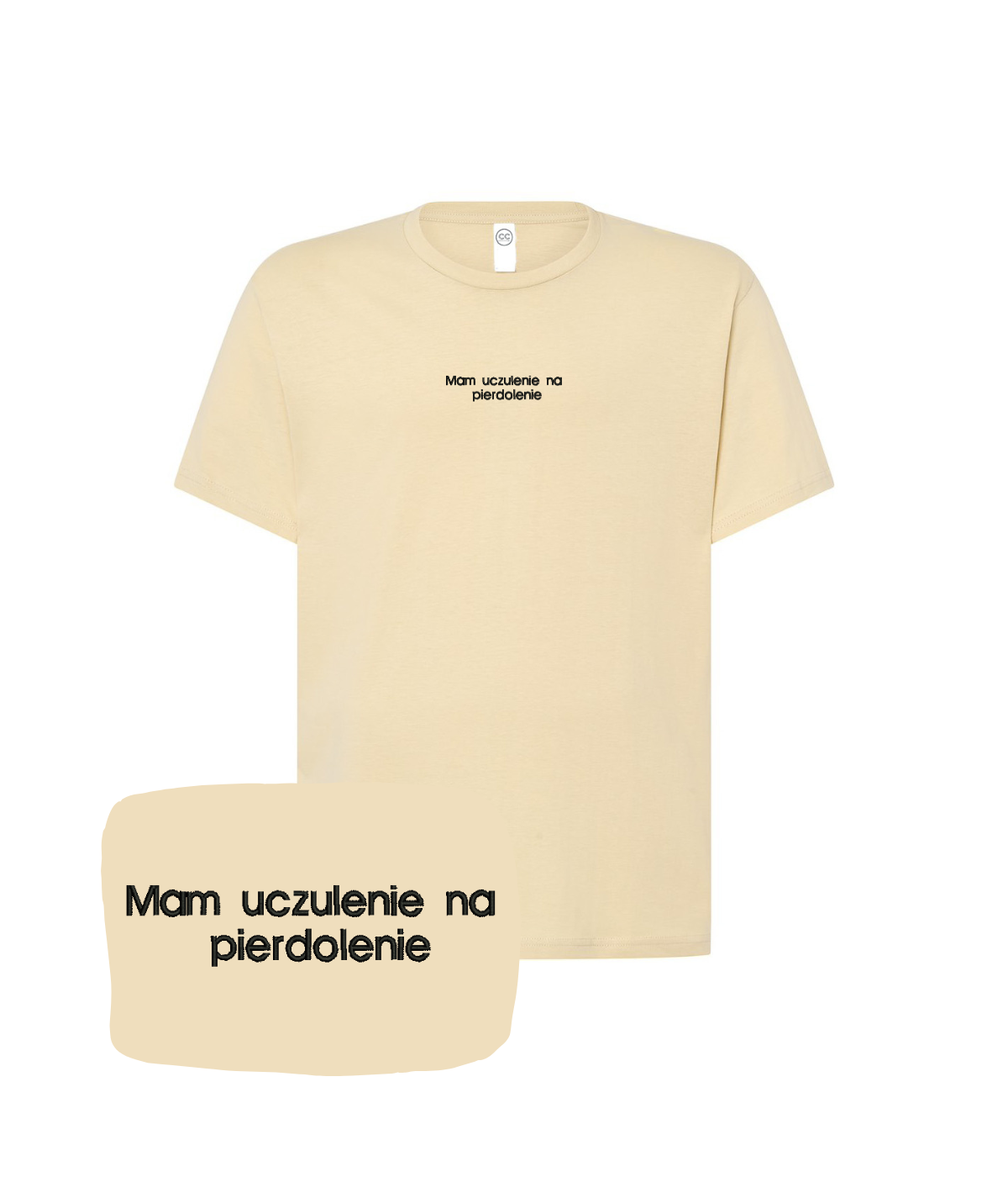 Beige T-shirt with embroidered text "Mam uczulenie na pierdolenie" from CustomClothes.pl, casual fit and comfortable fabric.