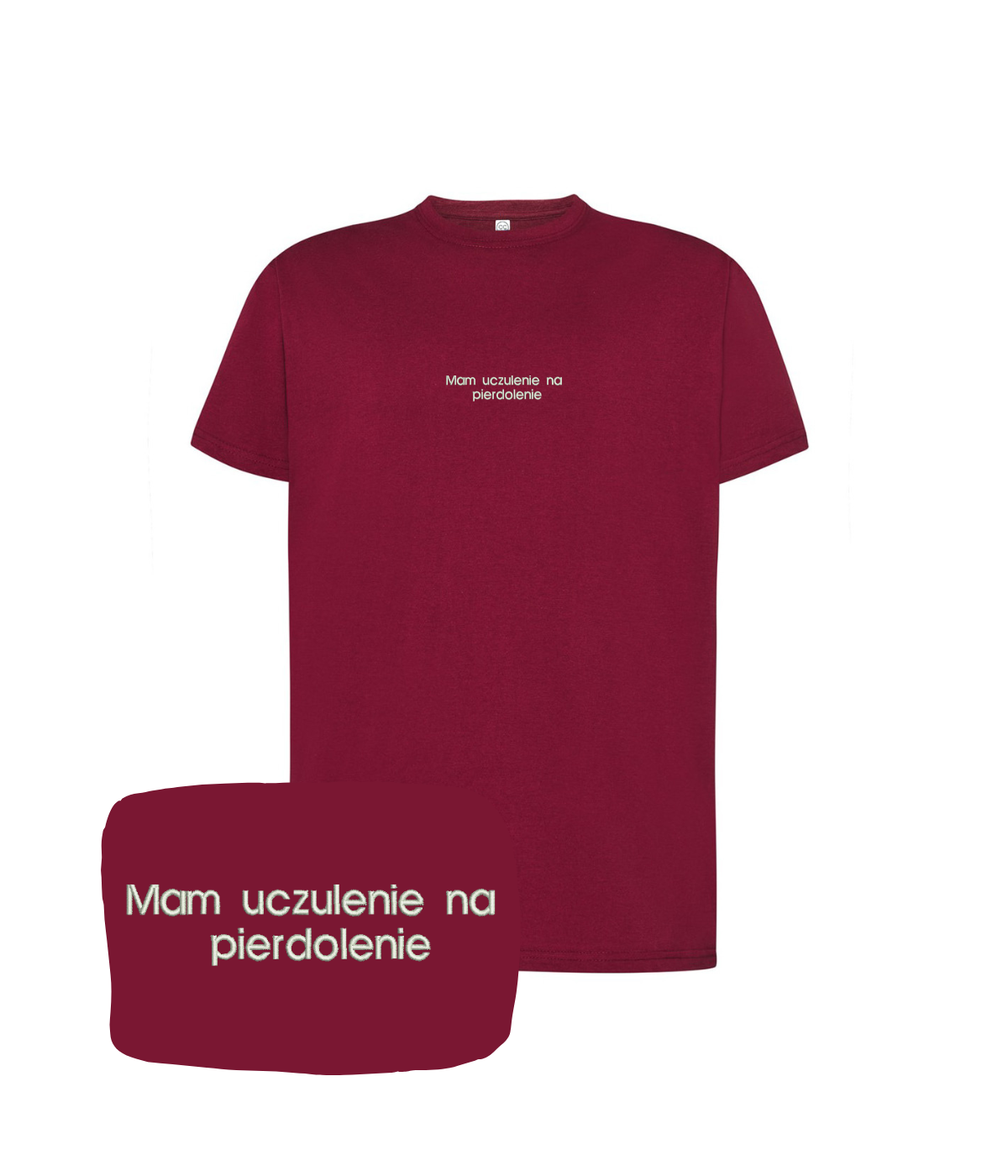 Bordowa t-shirt z haftem z napisem "Mam uczulenie na pierdolenie" od marki CustomClothes.pl, casual top z nadrukiem.
