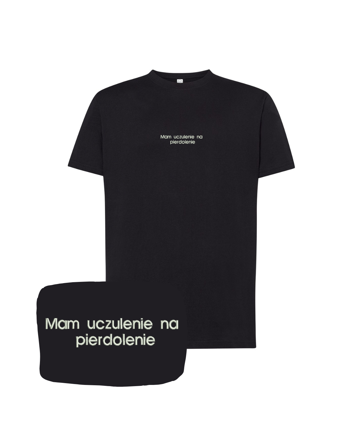 Black t-shirt with embroidered text "Mam uczulenie na pierdolenie" from CustomClothes.pl, showcasing the front design.