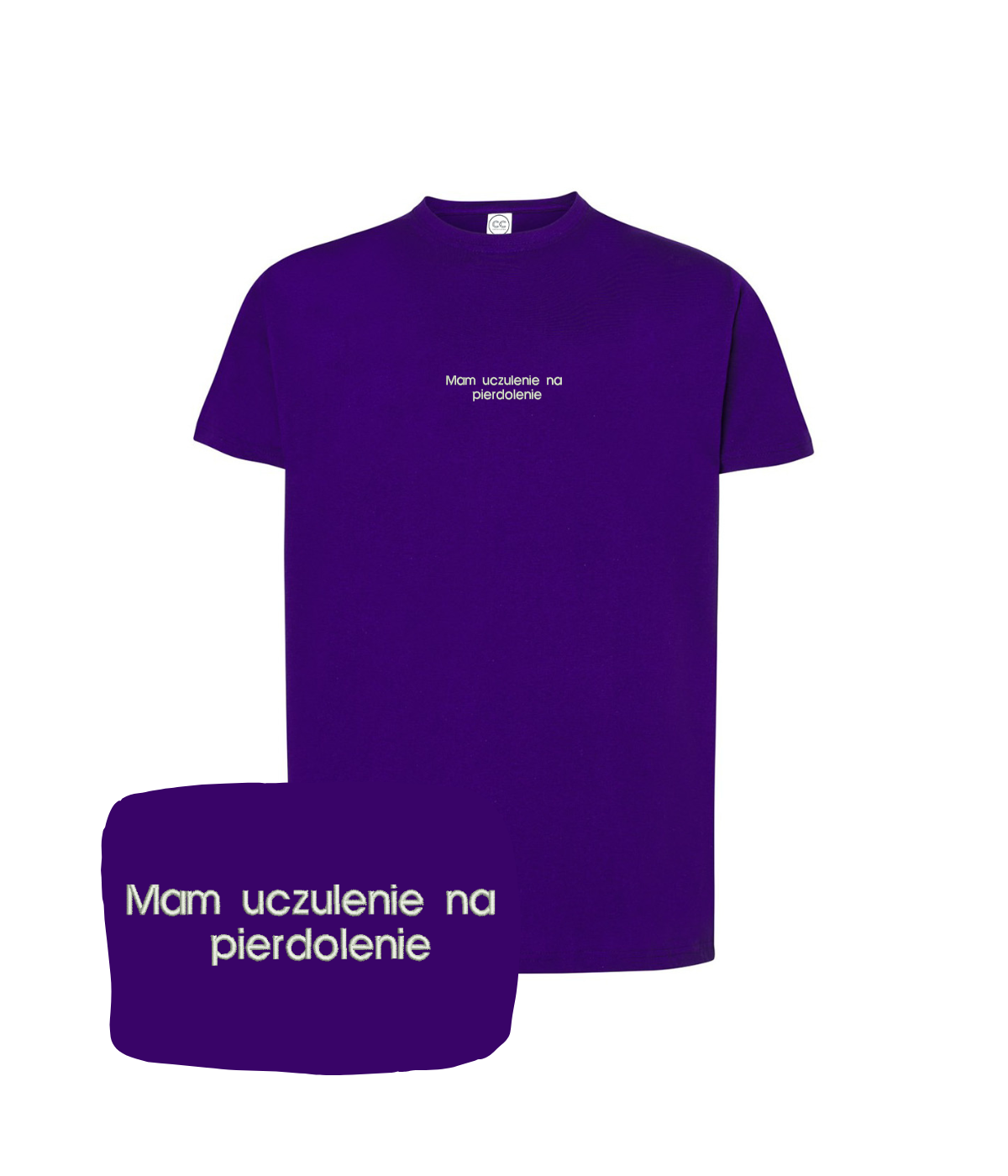 Purple T-shirt with embroidered text "Mam uczulenie na pierdolenie" from CustomClothes.pl, featuring a casual fit and detailed embroidery.
