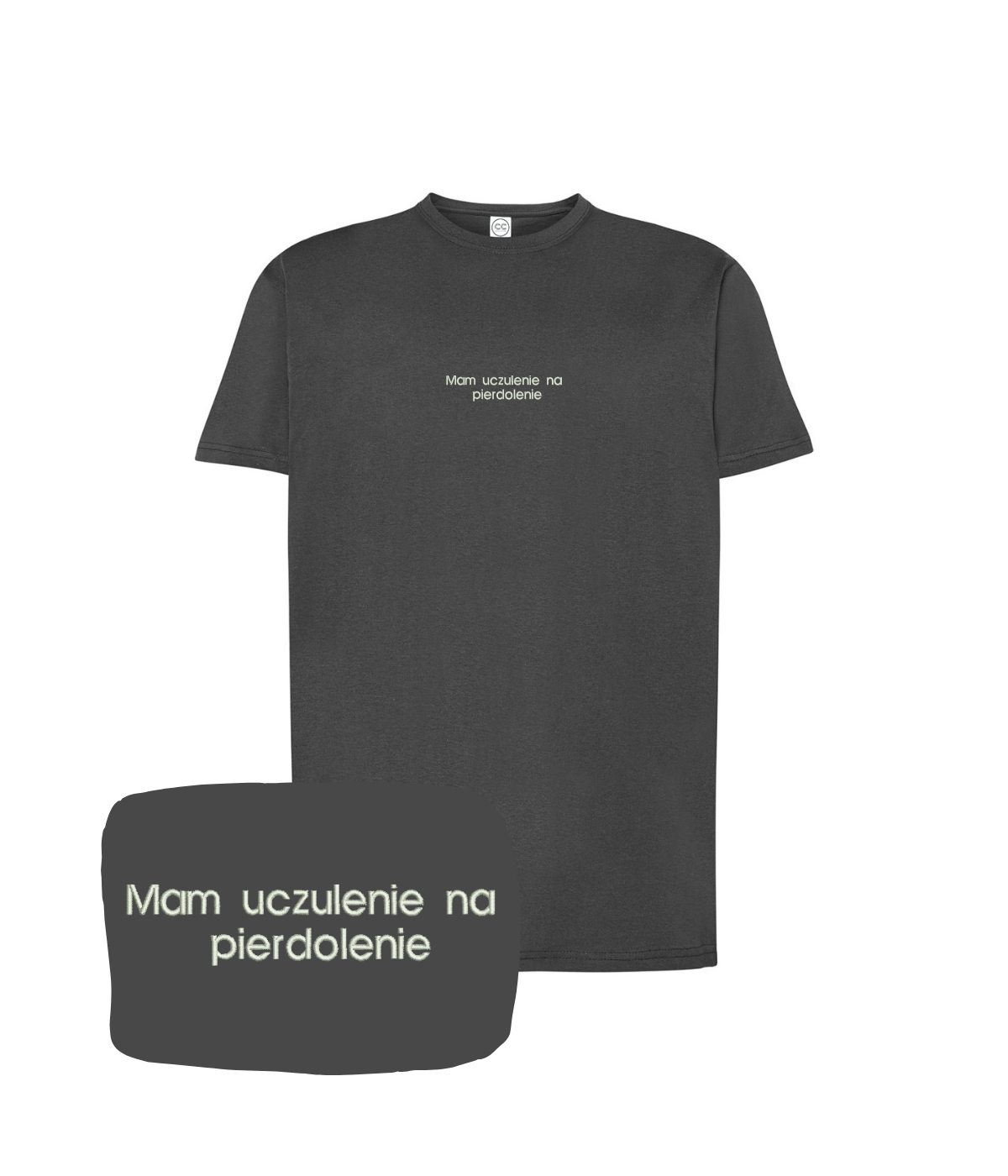 Graphite T-shirt with embroidered "Mam uczulenie na pierdolenie" text from CustomClothes.pl, casual and stylish for everyday wear.