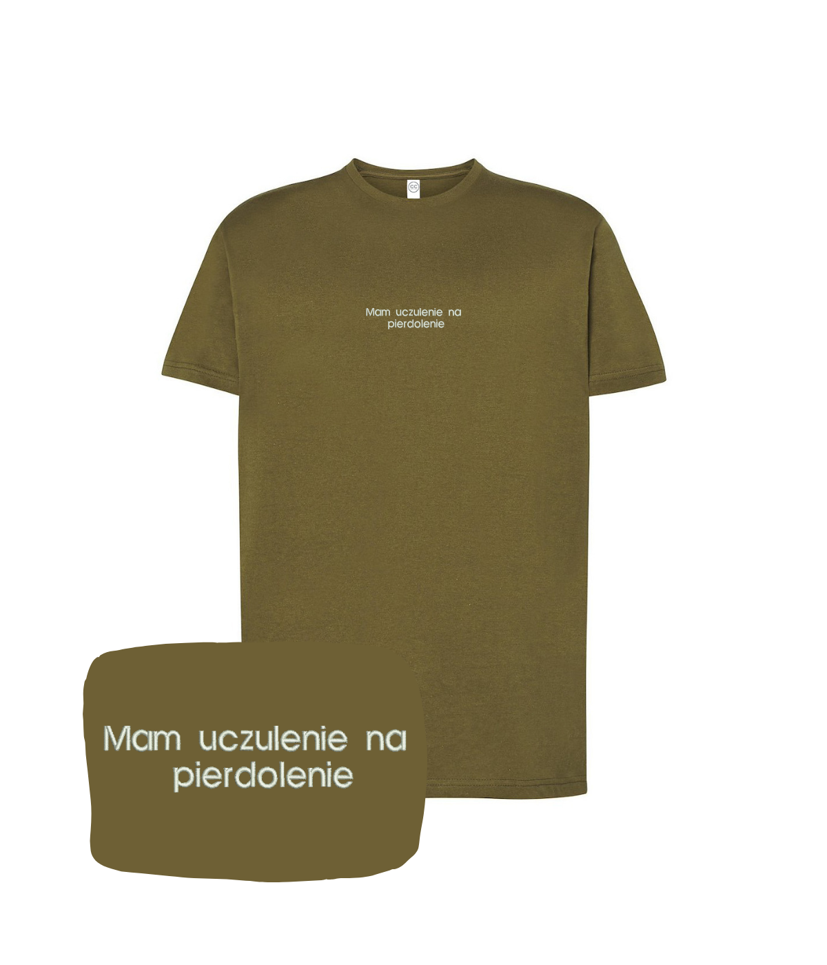 Khaki T-shirt with embroidered text "Mam uczulenie na pierdolenie" from CustomClothes.pl, casual fit, front view.