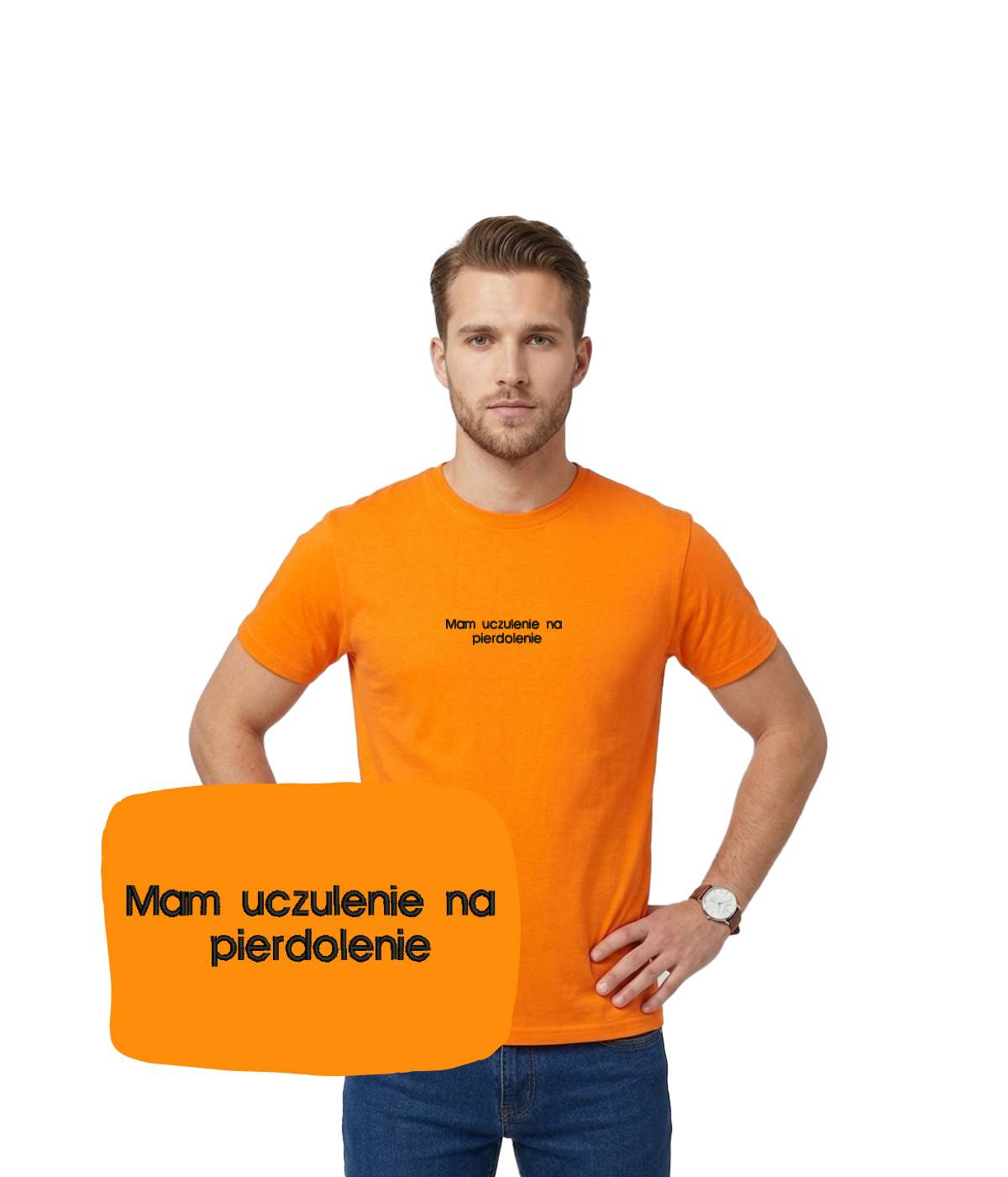 Orange T-shirt with embroidered "Mam uczulenie na pierdolenie" slogan from CustomClothes.pl, casual and graphic design.