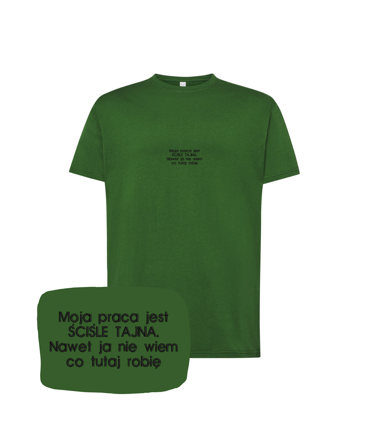 Black T-shirt with embroidered text "Moja praca jest ŚCIŚLE TAJNA" from CustomClothes.pl, showing the front design and embroidery details.
