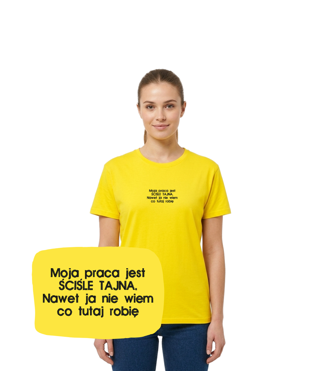 Yellow T-shirt with embroidered text "Moja praca jest ŚCIŚLE TAJNA" from CustomClothes.pl, showing the front view with embroidered detail.