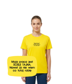 Yellow T-shirt with embroidered text "Moja praca jest ŚCIŚLE TAJNA" from CustomClothes.pl, showing the front view with embroidered detail.