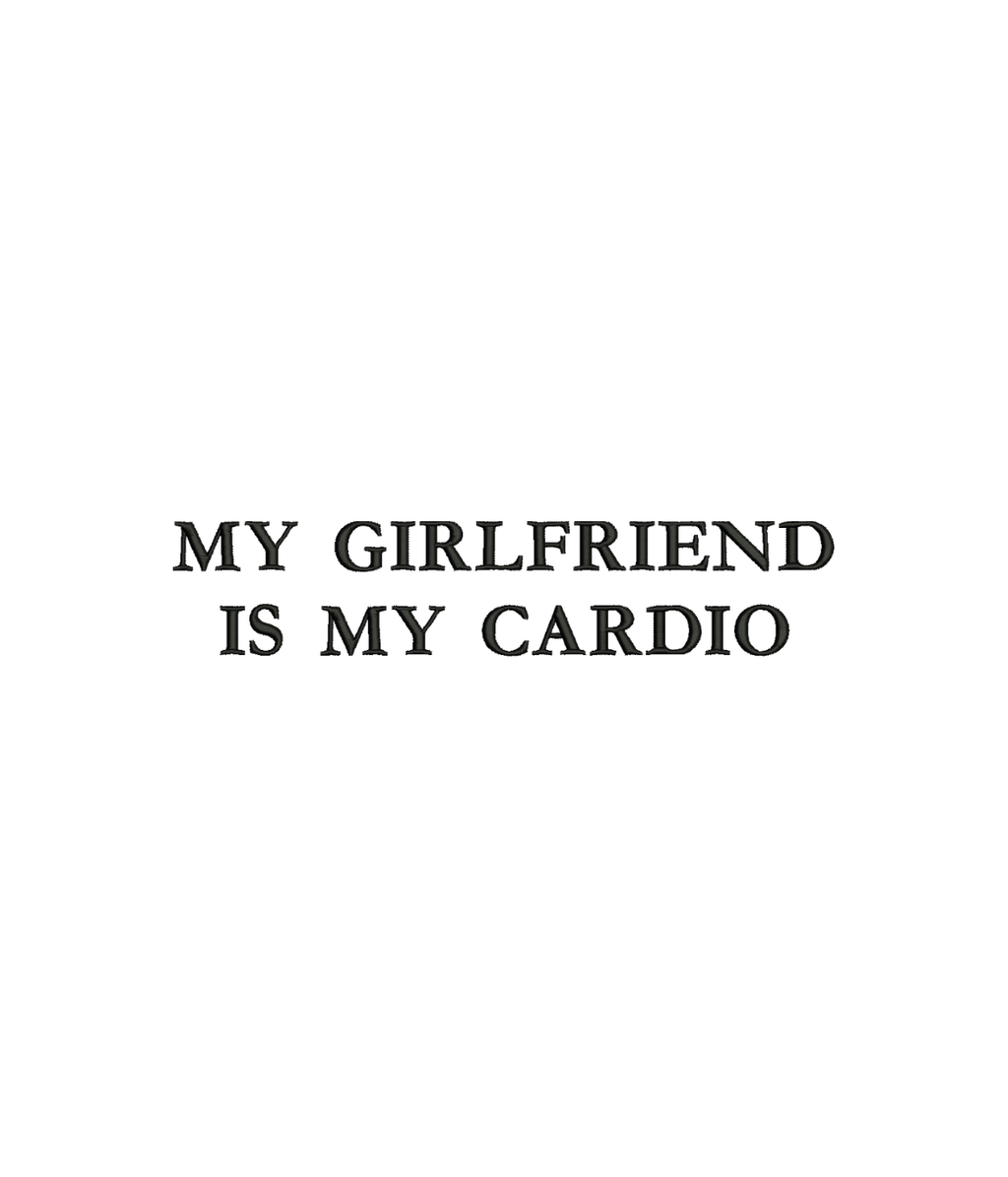 Black cotton t-shirt with embroidered "My Girlfriend Is My Cardio" slogan from CustomClothes.pl, shown with close-up of embroidery detail.