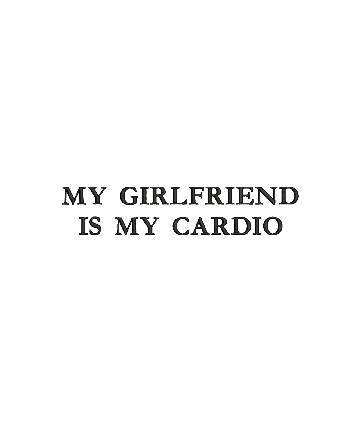 Black cotton t-shirt with embroidered "My Girlfriend Is My Cardio" slogan from CustomClothes.pl, shown with close-up of embroidery detail.