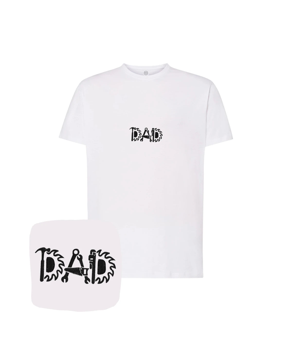 Bialy Tshirt z haftem narzedzi w formie napisu DAD - oryginalny prezent dla taty lubiacego majsterkowac.
