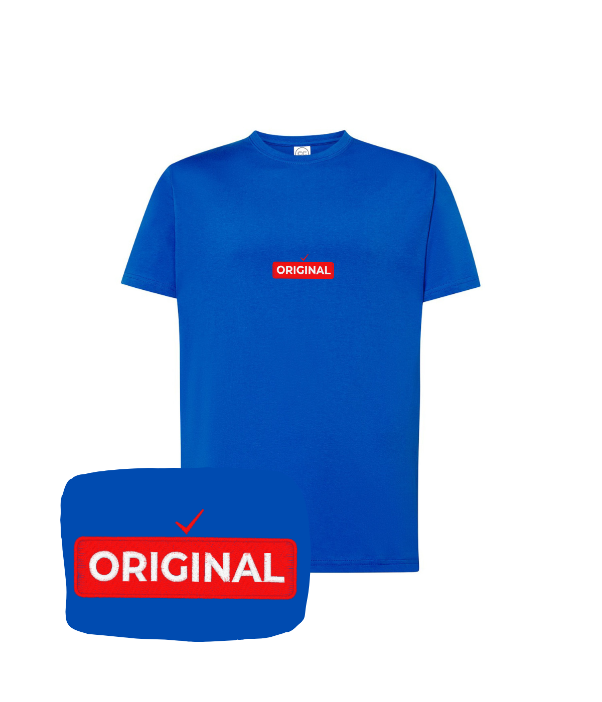 Kobaltowa koszulka z haftem 'Original' - klasyczny prezent z haftem, stylowy i nowoczesny design.