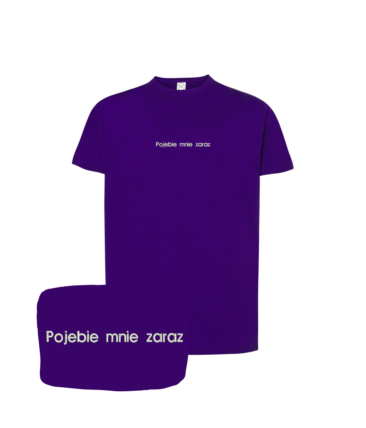 Purple T-shirt with embroidered text "Pojebie mnie zaraz" from CustomClothes.pl, featuring bold embroidery on the front.