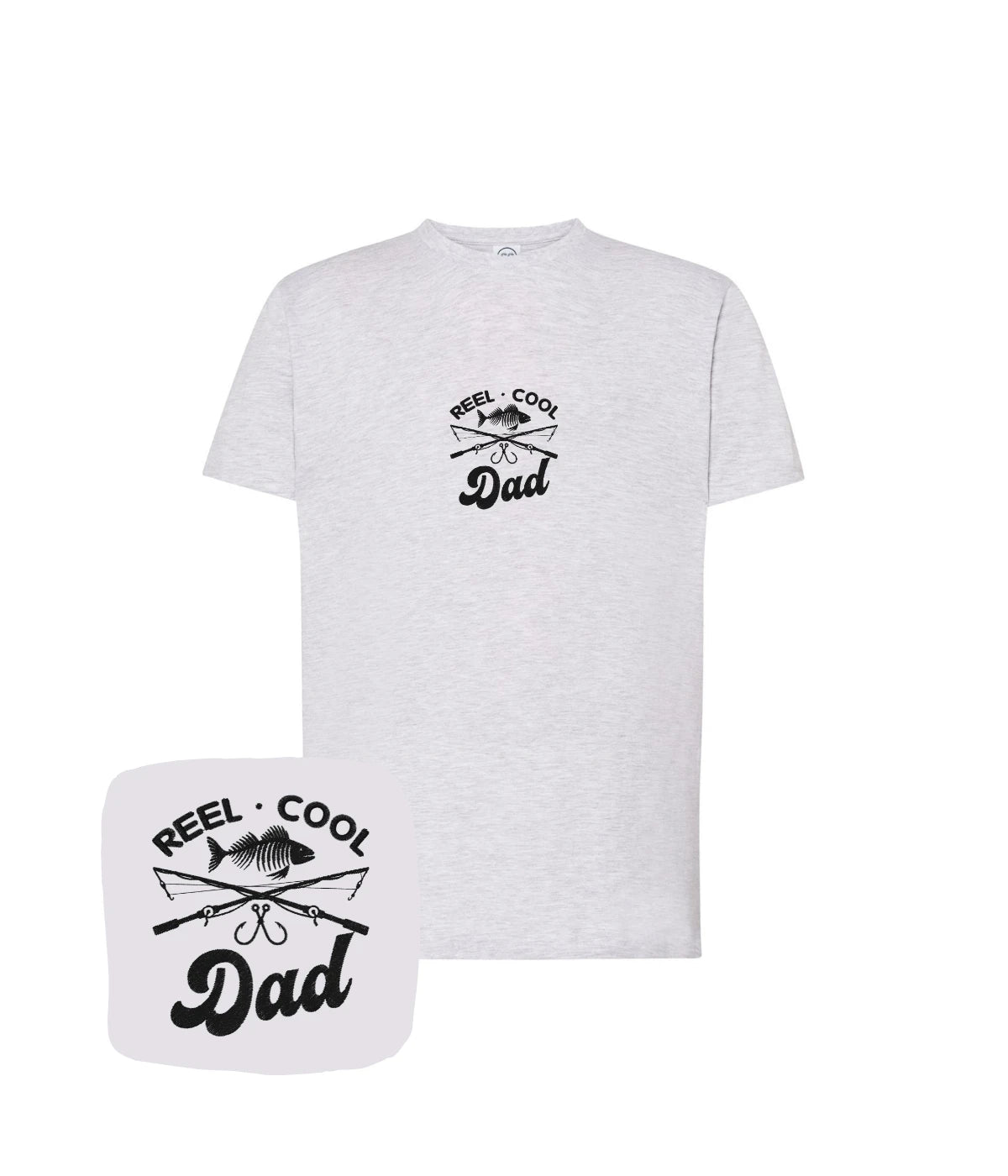 Szara koszulka z haftem Reel Cool Dad - idealny prezent dla taty, haft komputerowy na koszulce