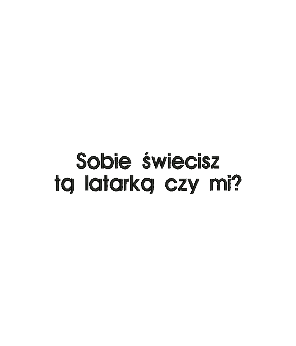 Black T-shirt with embroidered text "Sobie świecisz tą latarką czy mi?" from CustomClothes.pl, featuring detailed embroidery.