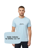 Light blue T-shirt from CustomClothes.pl with embroidered text "Sobie świecisz tą latarką czy mi?" on the front.