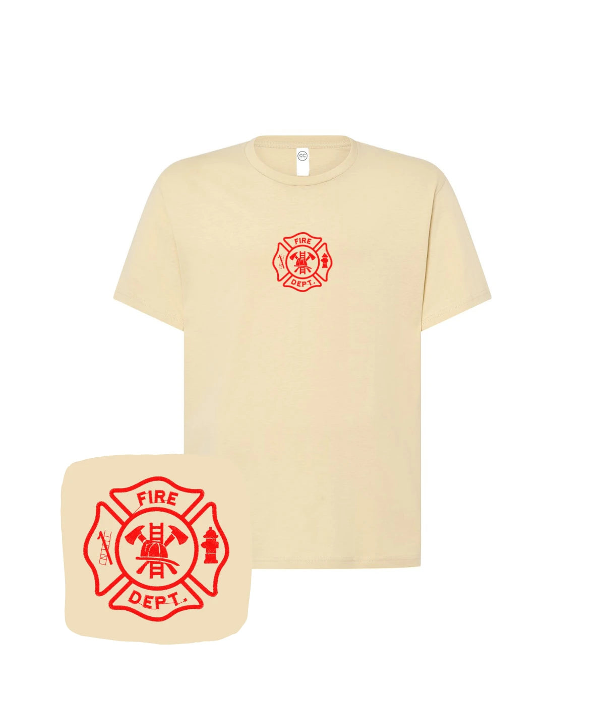 Beżowa koszulka z haftem strażackim Fire Dept - koszulka haftowana jako prezent dla strażaka