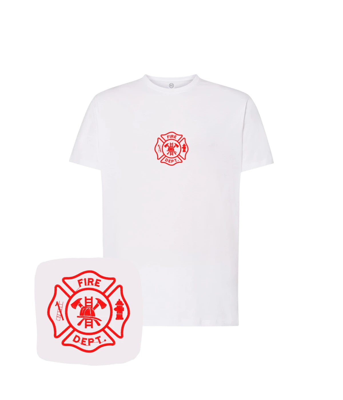 Biała koszulka z haftem strażackim Fire Dept - prezent dla strażaka z komputerowym haftem