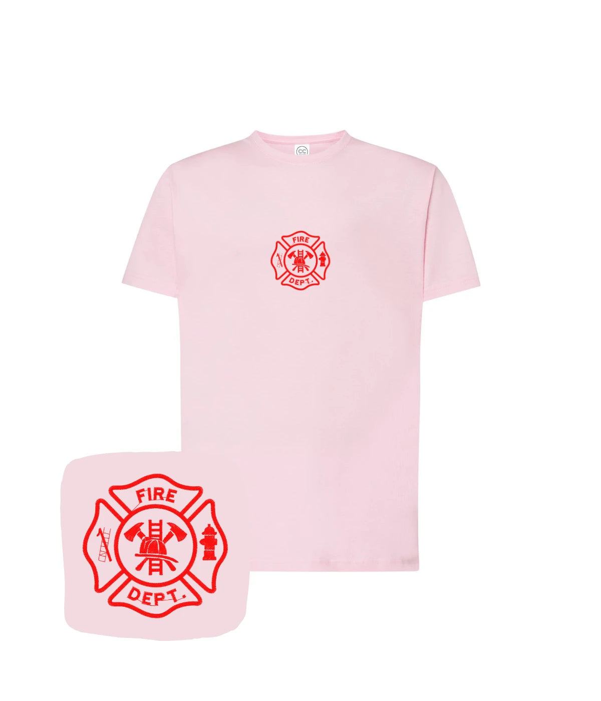 Jasnoróżowa koszulka z haftem strażackim Fire Dept - prezent dla strażaka z haftem na koszulce