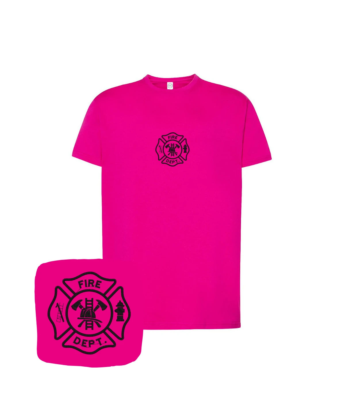 Różowa koszulka z haftem strażackim Fire Dept - koszulka haftowana idealna na prezent dla strażaka
