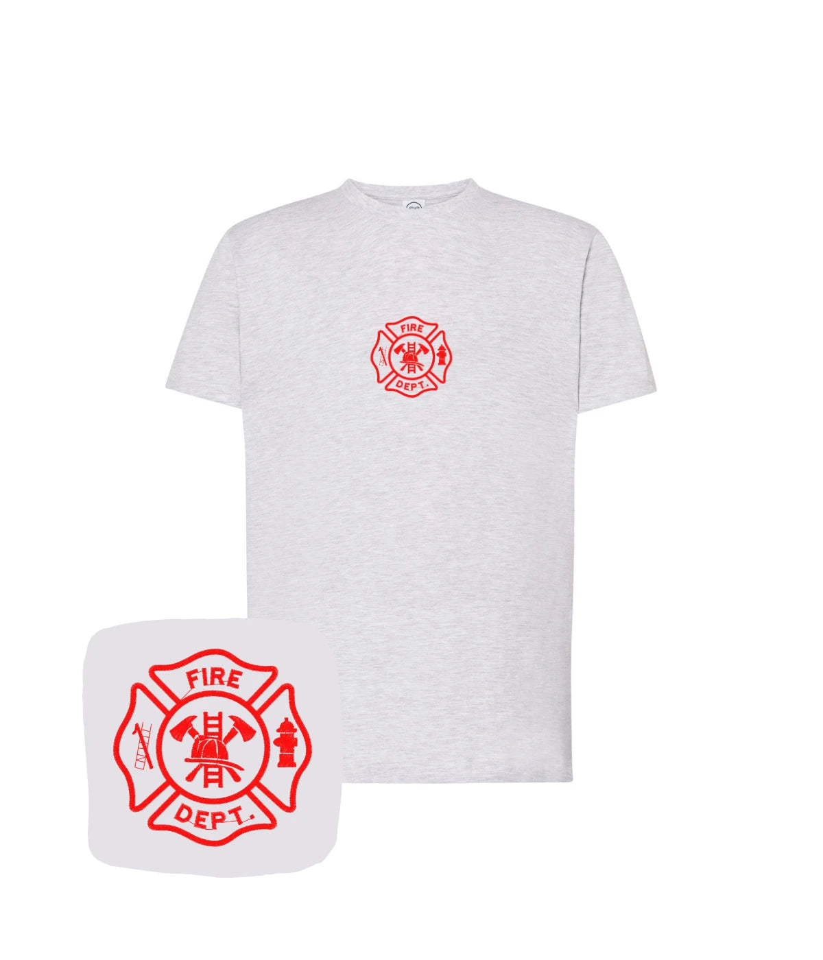 Jasnoszara koszulka z haftem strażackim Fire Dept - prezent dla strażaka z haftem na koszulce