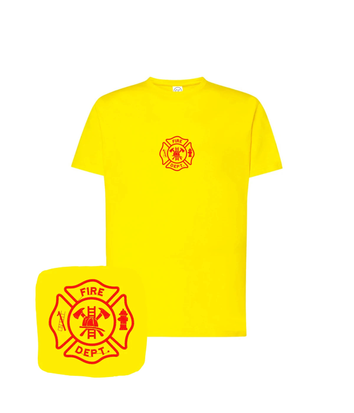 Żółta koszulka z haftem strażackim Fire Dept - oryginalny prezent dla strażaka z haftem komputerowym