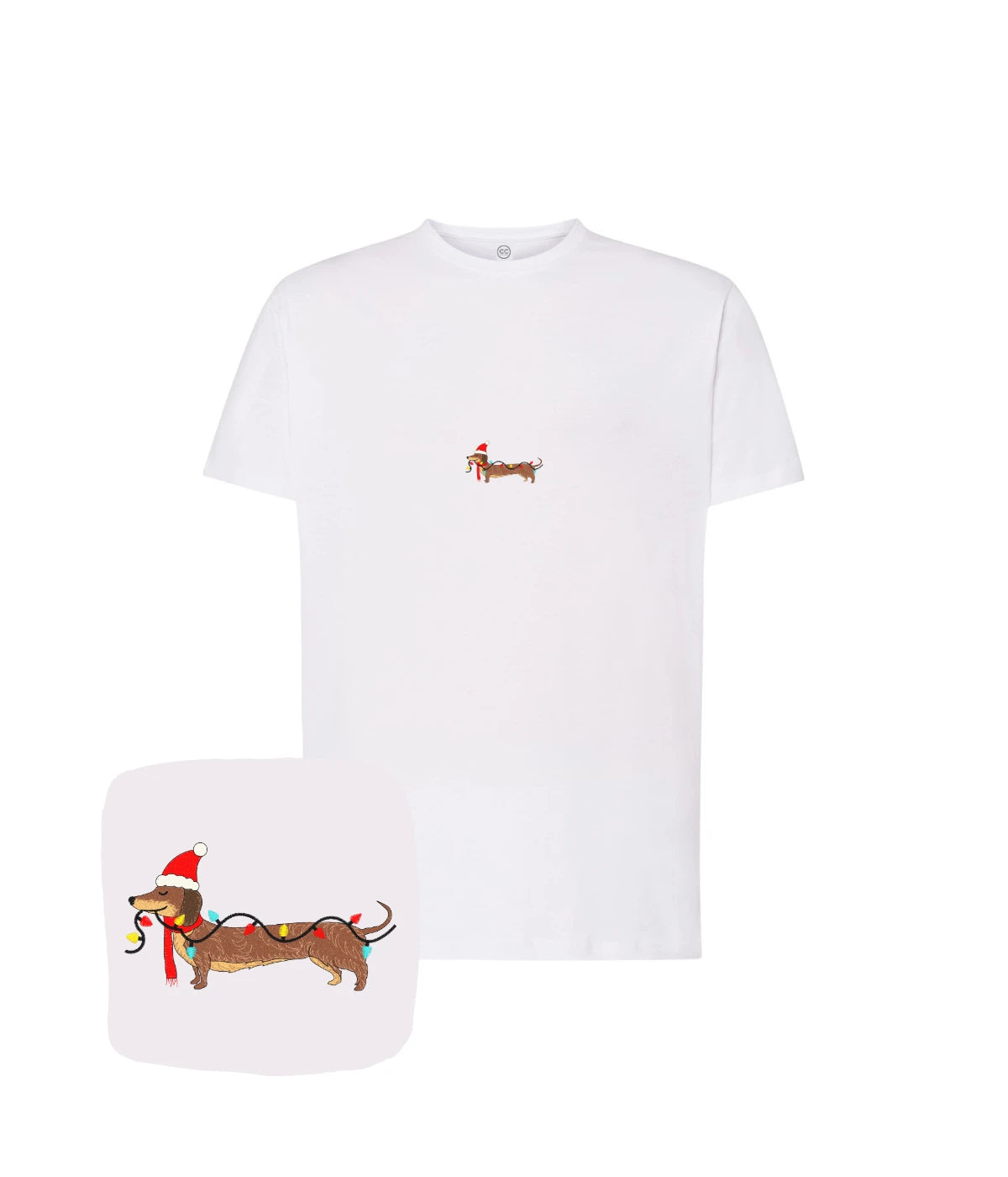 Biała koszulka z haftem świątecznego jamnika - doskonały prezent na święta z haftem komputerowym