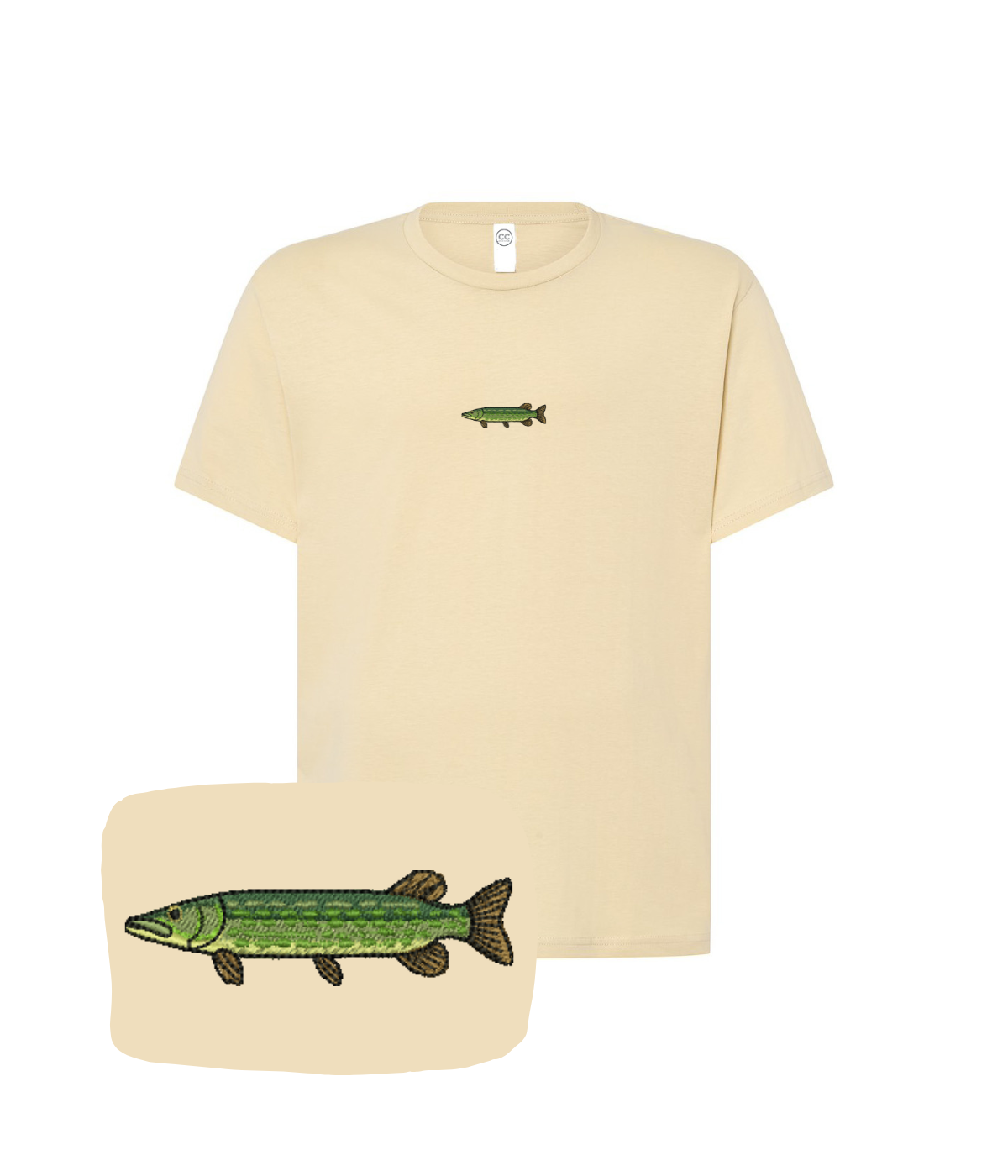 Beige T-shirt with custom embroidered pike fish design, casual fit, from CustomClothes.pl.