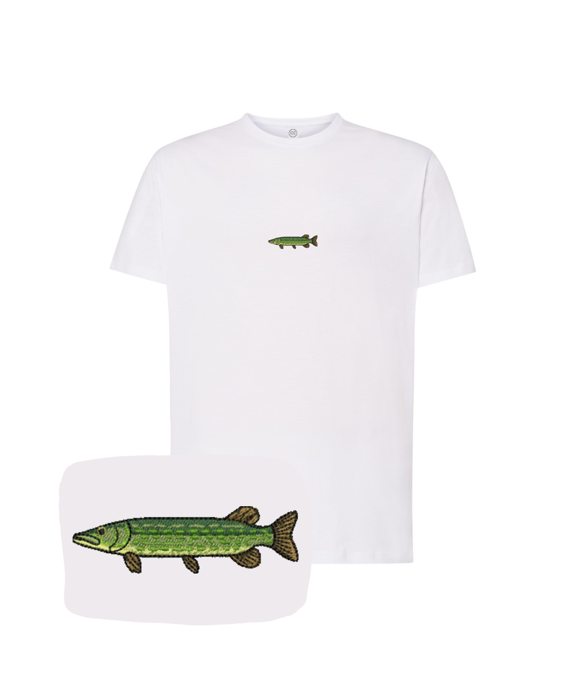 White T-shirt featuring a detailed embroidered pike fish design, by CustomClothes.pl.