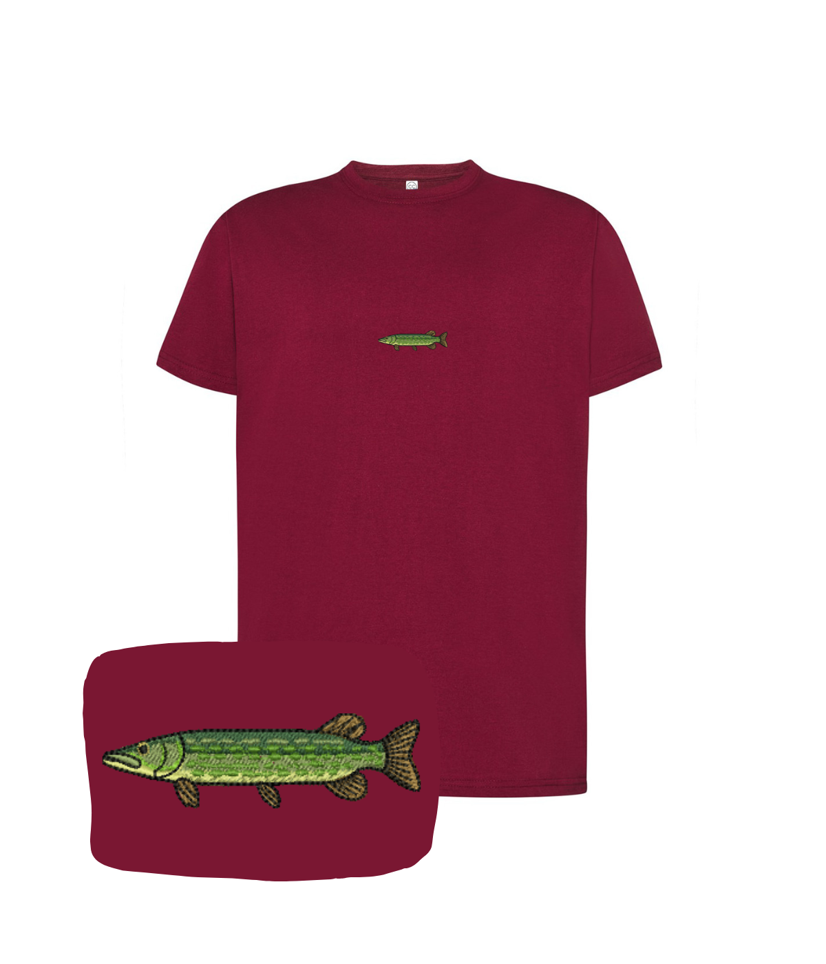 Bordowa koszulka z haftem szczupaka od CustomClothes.pl, casual fit with detailed fish embroidery on front.