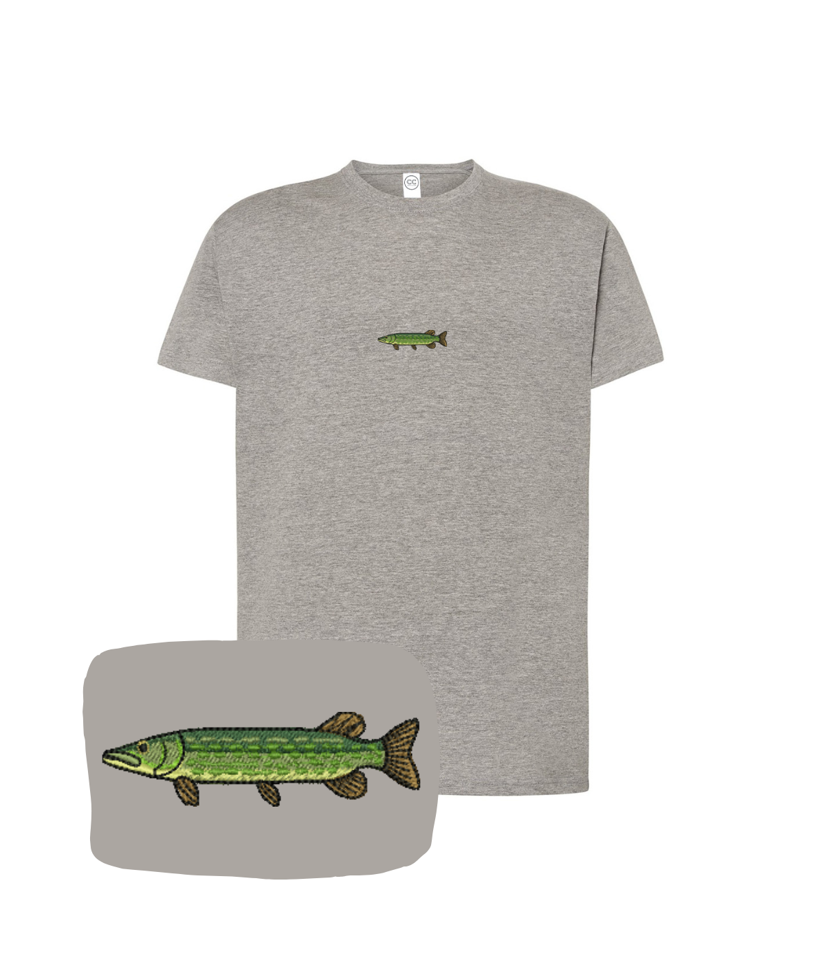 Dark gray CustomClothes.pl T-shirt featuring a detailed embroidered image of a pike fish on the front.