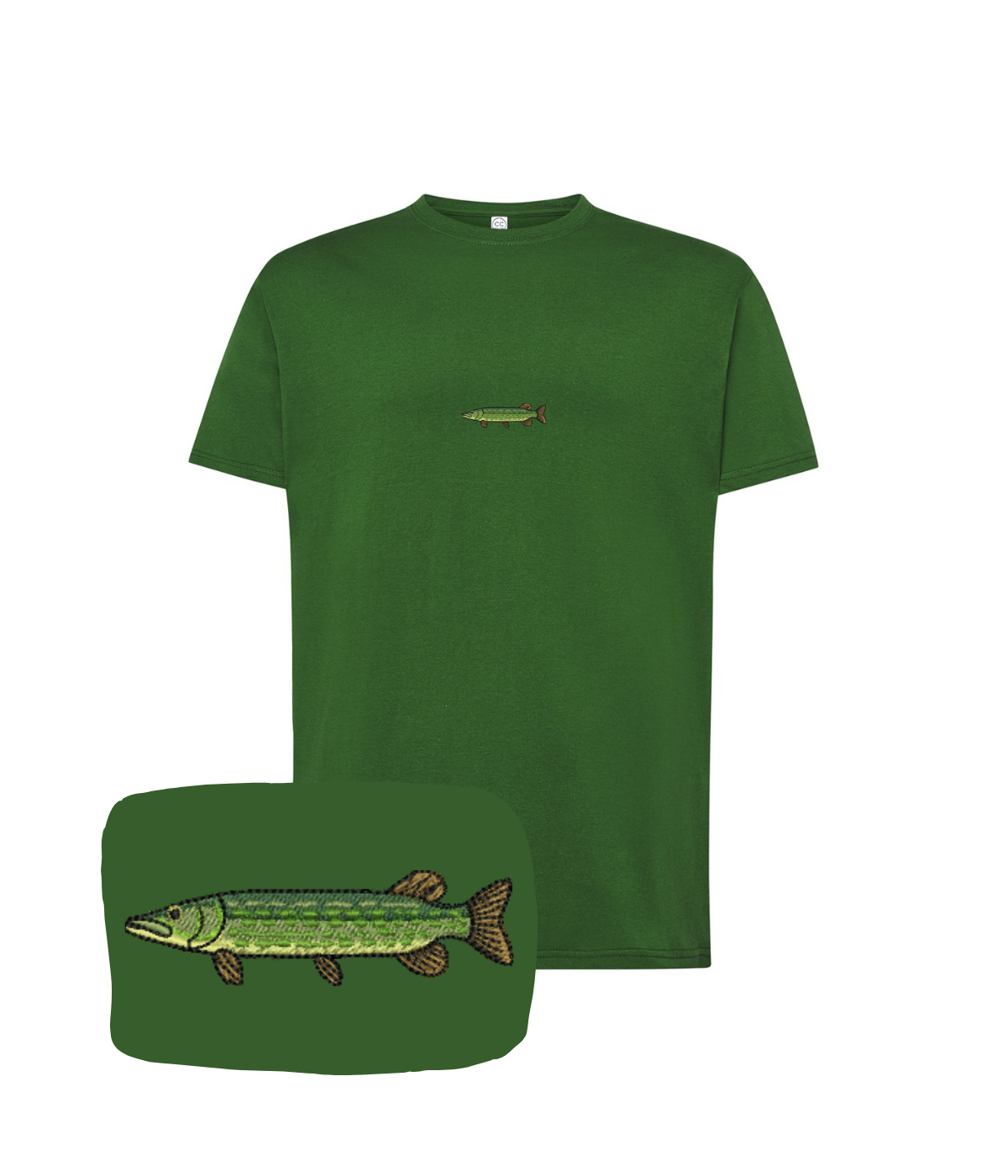 Dark green T-shirt with a detailed embroidered pike fish design from CustomClothes.pl.
