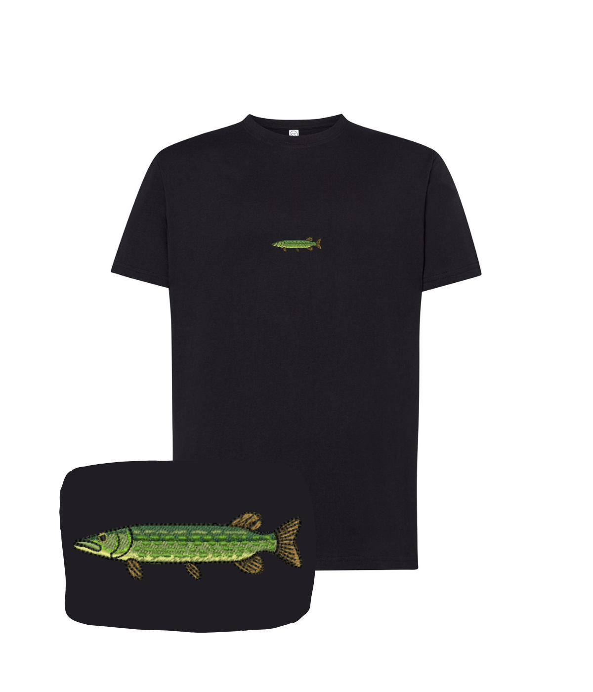 Black t-shirt with a detailed embroidered pike fish design, from CustomClothes.pl, shown on a plain background.