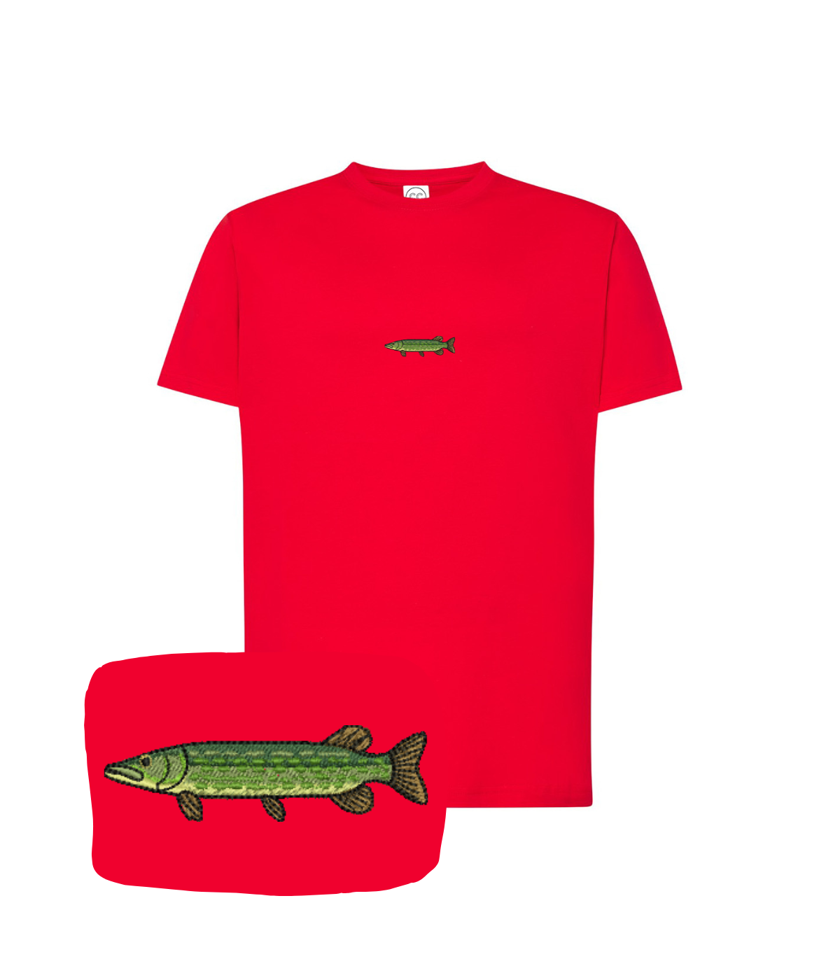 Red T-shirt with a stitched pike design, by CustomClothes.pl, featuring a detailed embroidered fishing motif.