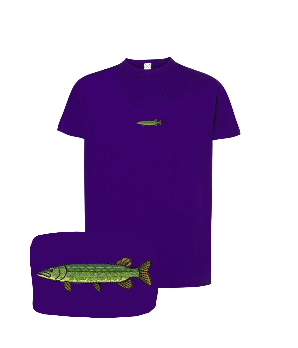 Purple T-shirt with a detailed carp embroidery by CustomClothes.pl, featuring natural fabric and casual fit.