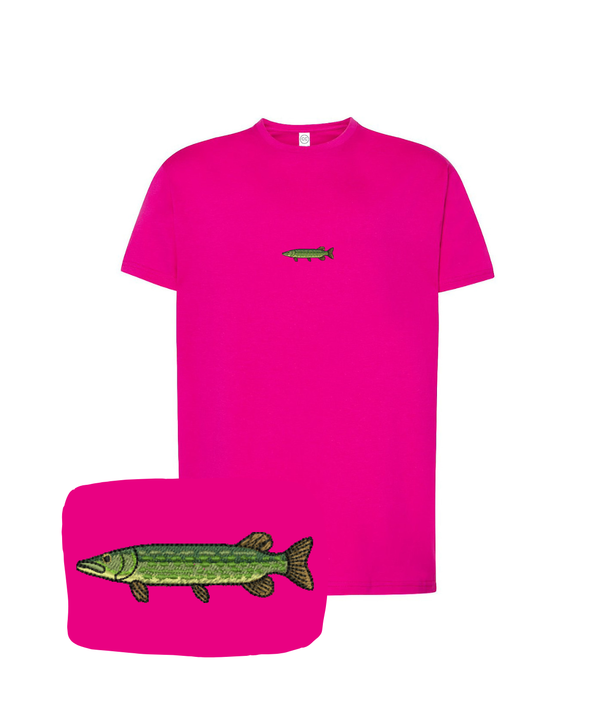Fuchsia T-shirt with a pike embroidery, casual fit, made by CustomClothes.pl, featuring detailed fish design on the front.
