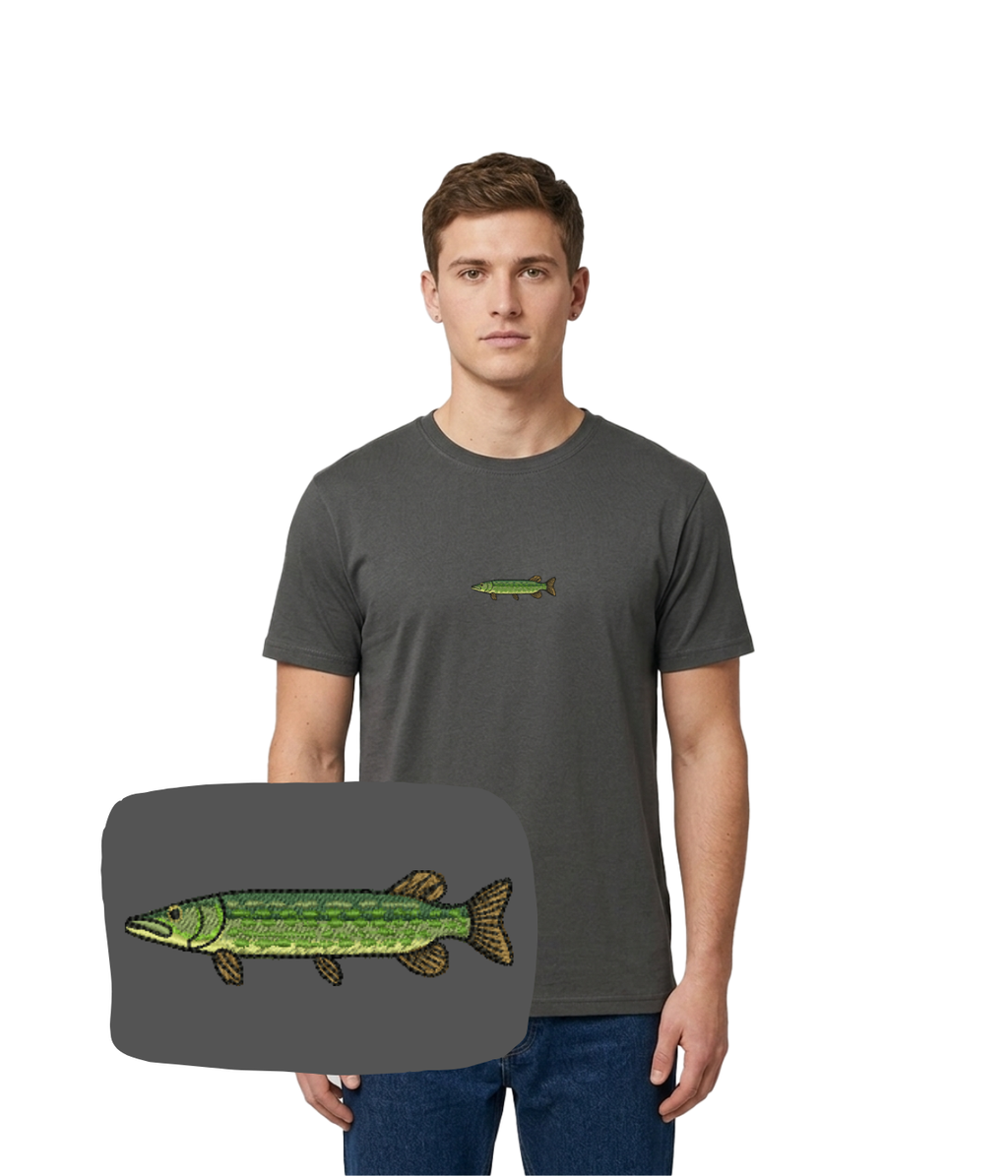 Grafitowa koszulka z haftem szczupaka od CustomClothes.pl, z nadrukiem szczupaka na przodzie, casual style, wysokiej jakości tkanina.