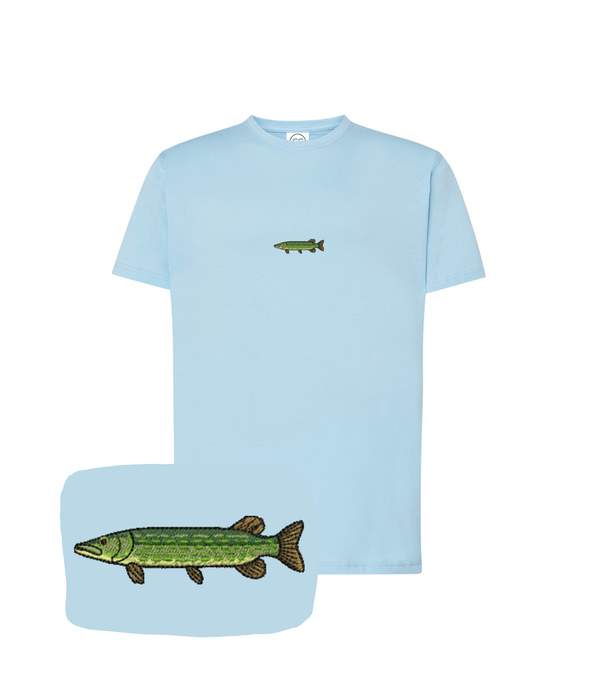Light blue T-shirt with a detailed embroidered pike fish design, by CustomClothes.pl, showcasing casual style and craftsmanship.