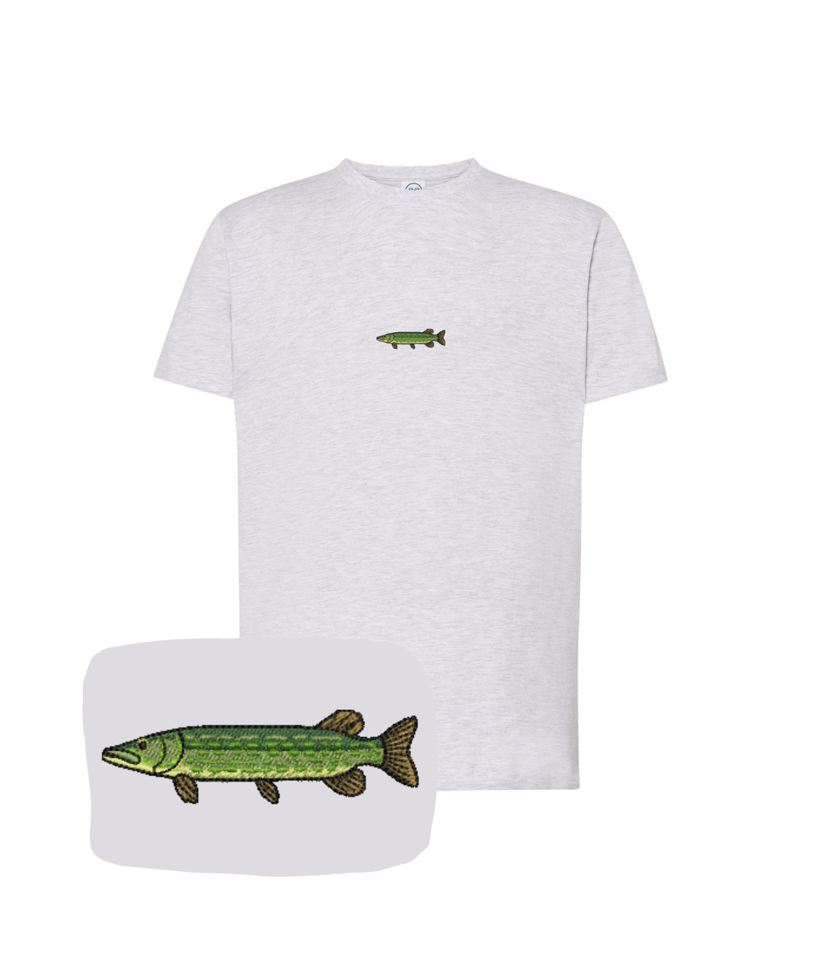 Light gray T-shirt with a detailed embroidered pike fish design, by CustomClothes.pl.