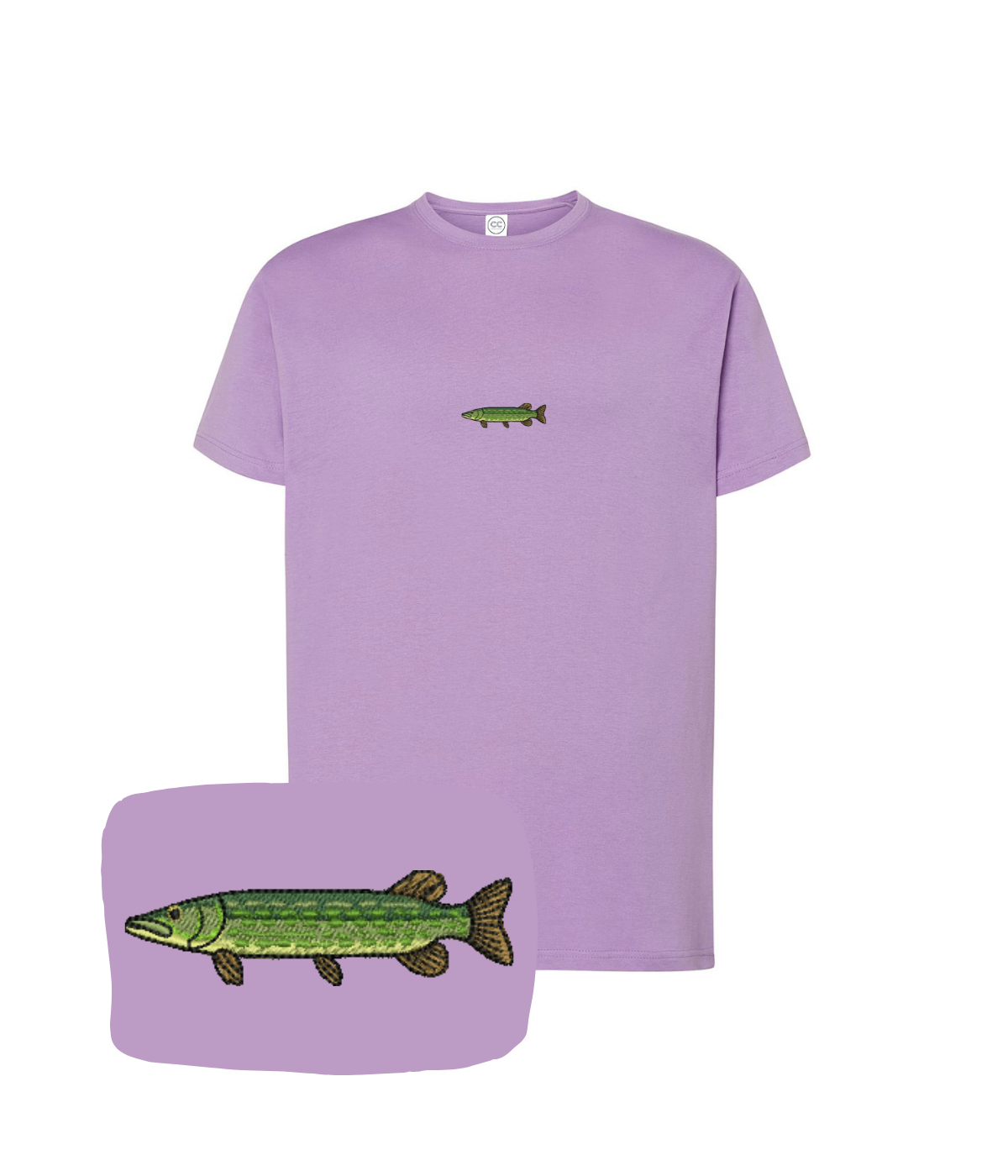 Lavender T-shirt with a detailed embroidered pike fish design by CustomClothes.pl