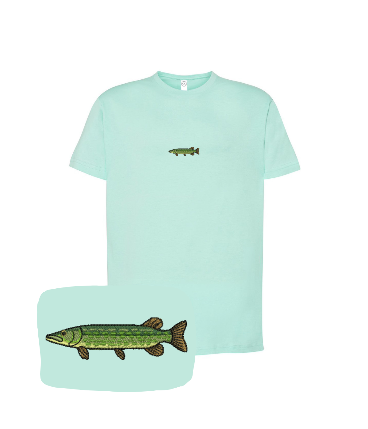 Mint green T-shirt featuring a detailed embroidered pike fish design by CustomClothes.pl.