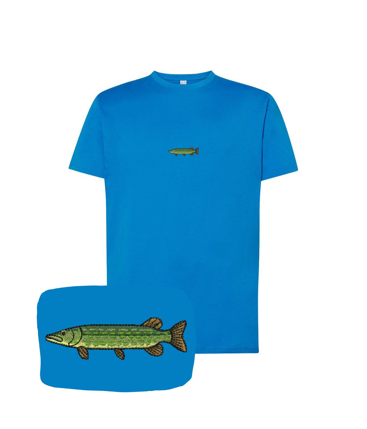 Blue T-shirt with fish embroidery from CustomClothes.pl, featuring a detailed embroidered pike design on the front.