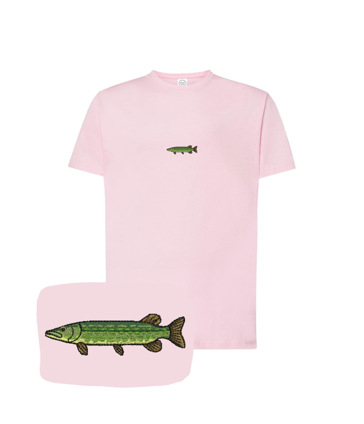 Pink T-shirt with a detailed pike fish embroidery from CustomClothes.pl, showcasing the crafted design on the front.